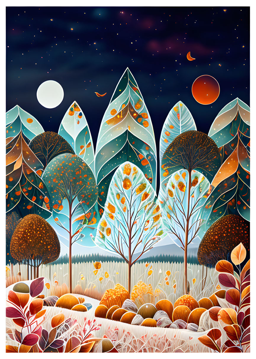 Colorful Autumn Forest Illustration with Stylized Trees and Moon