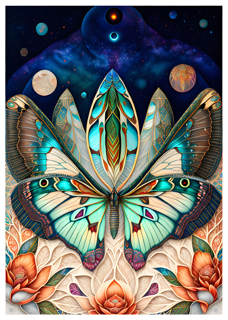 Colorful Digital Artwork: Stylized Butterfly with Cosmic Background