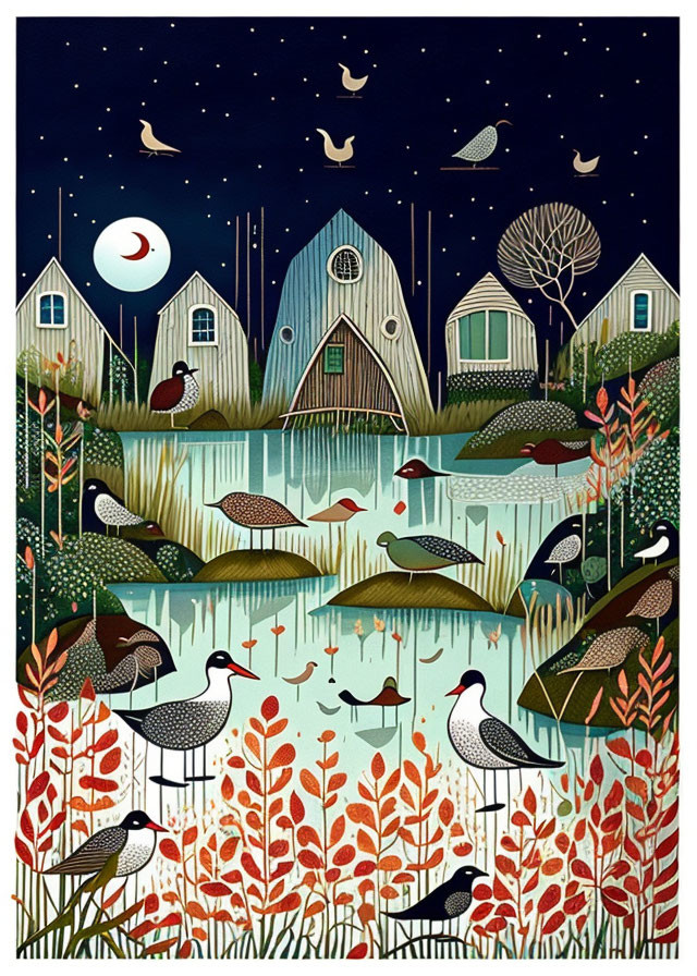 Illustration of starry night over village with birds, houses, trees, pond & colorful flora