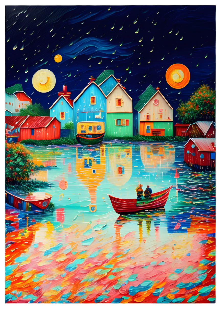 Vibrant village painting with houses, boat, and whimsical sky moons.