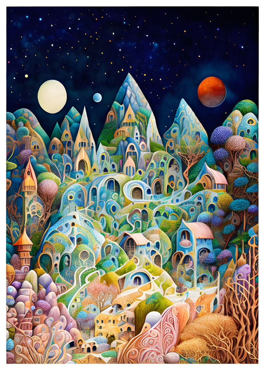 Fantastical Town Illustration with Mushroom Houses & Celestial Sky