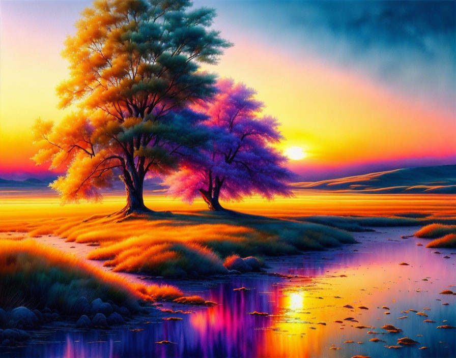 Colorful sunset over serene river with illuminated trees reflecting on water