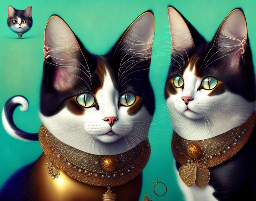 Stylized anthropomorphic cats with golden accessories on turquoise backdrop.