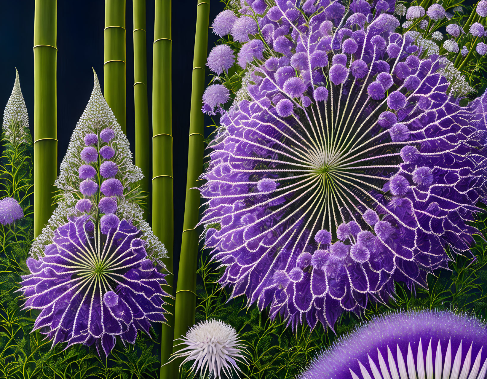 Stylized purple flowers and green bamboo in digital artwork