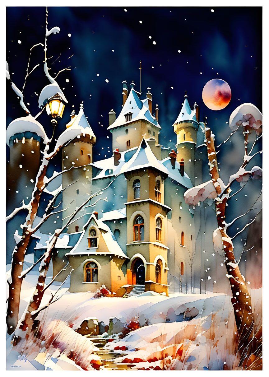 Vibrant castle in snowy night with full moon & starry sky