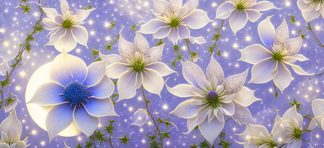 White and Blue Flowers with Stars and Lights on Celestial Blue Background