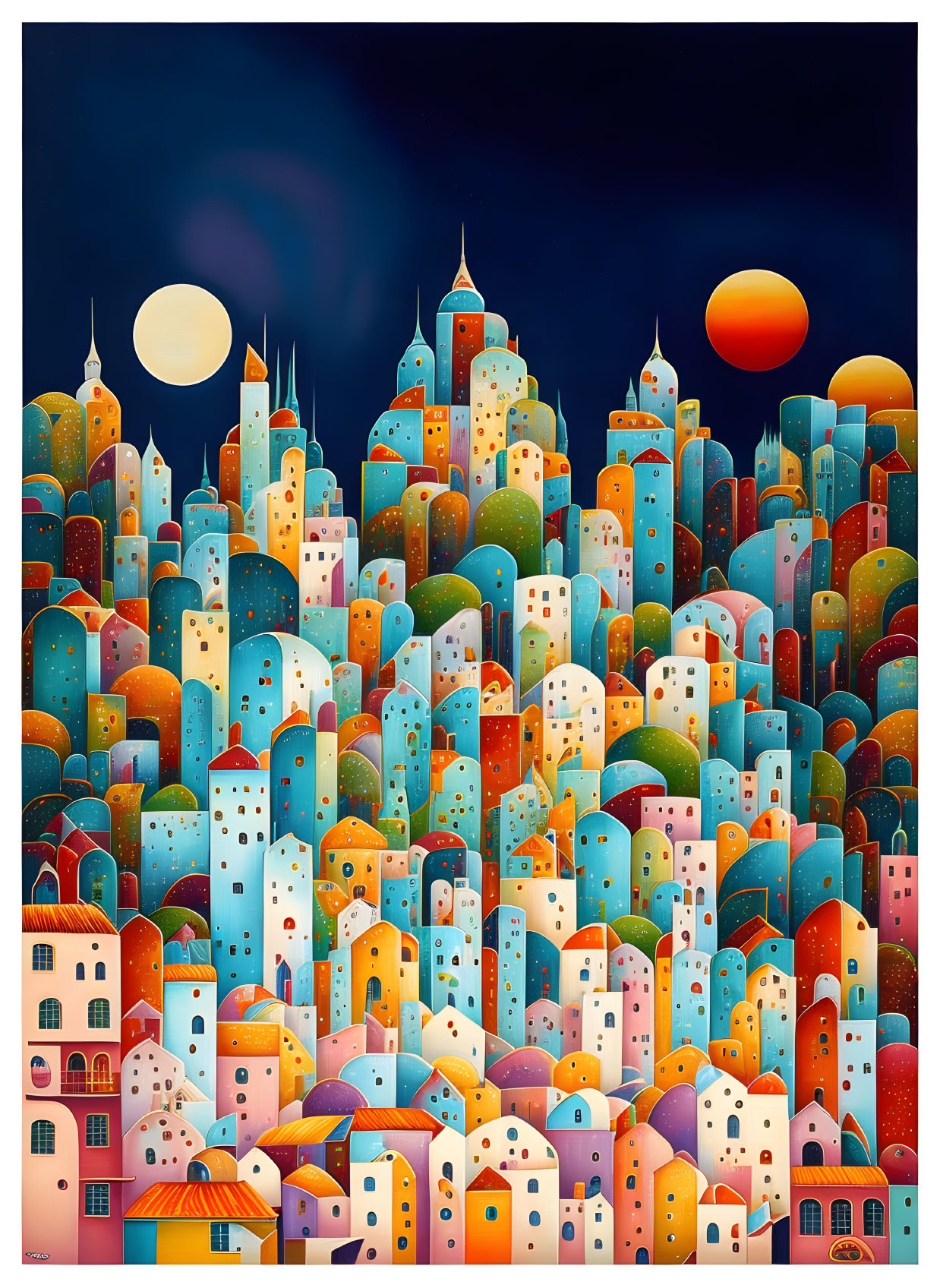 Vibrant cityscape with whimsical buildings and dual moons and sun