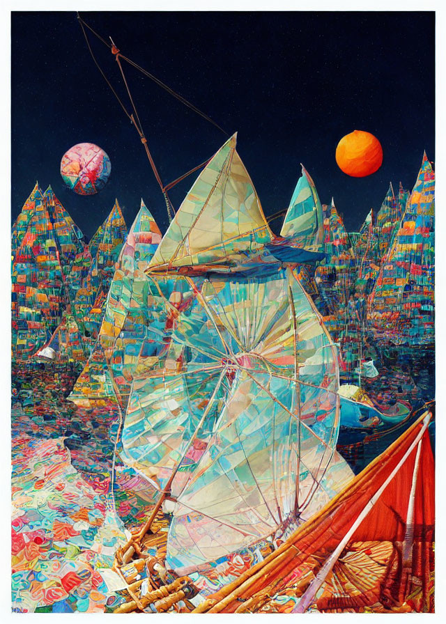 Colorful sailboat on patchwork sea with ice pyramids and celestial bodies