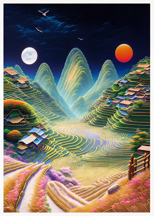 Serene landscape with terraced fields, traditional houses, river, birds, sun, and moon