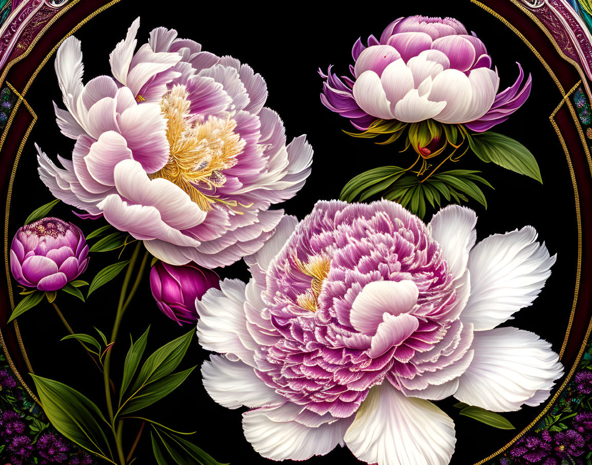 Vibrant Pink and White Peonies on Dark Background with Golden Accents