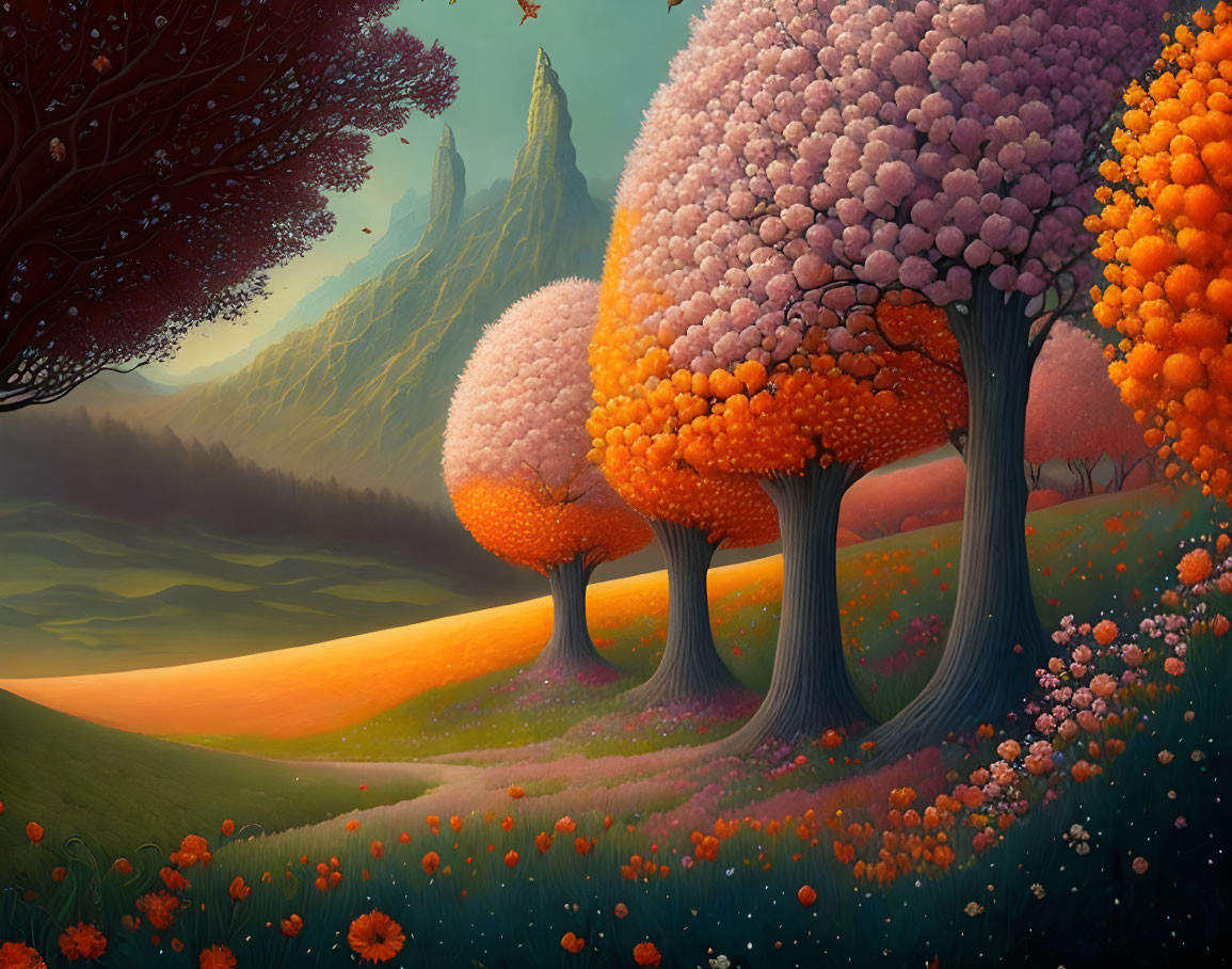 Colorful landscape with rounded trees, orange flowers, and distant mountain peak