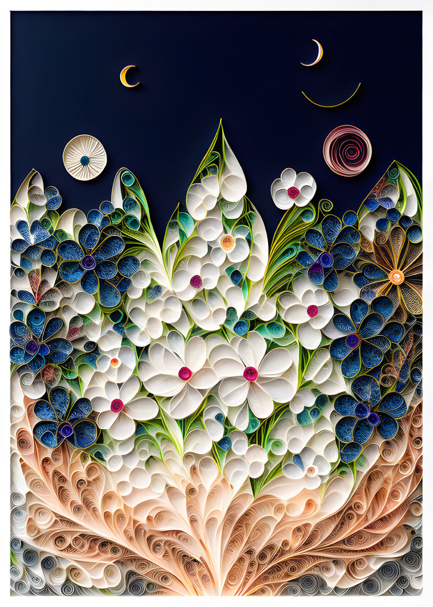 Colorful Quilled Paper Art: Floral Scene with Moons