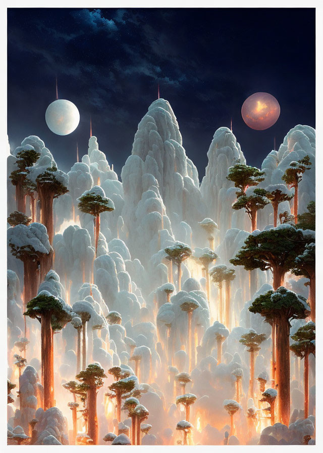 Fantastical tall trees under twilight sky with celestial bodies