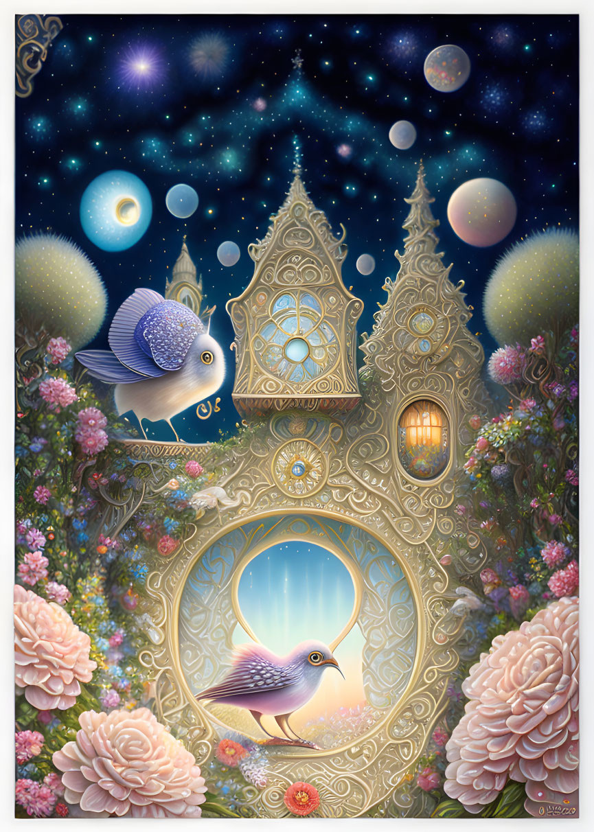 Whimsical bird and starry sky illustration with ornate clock and vibrant flowers