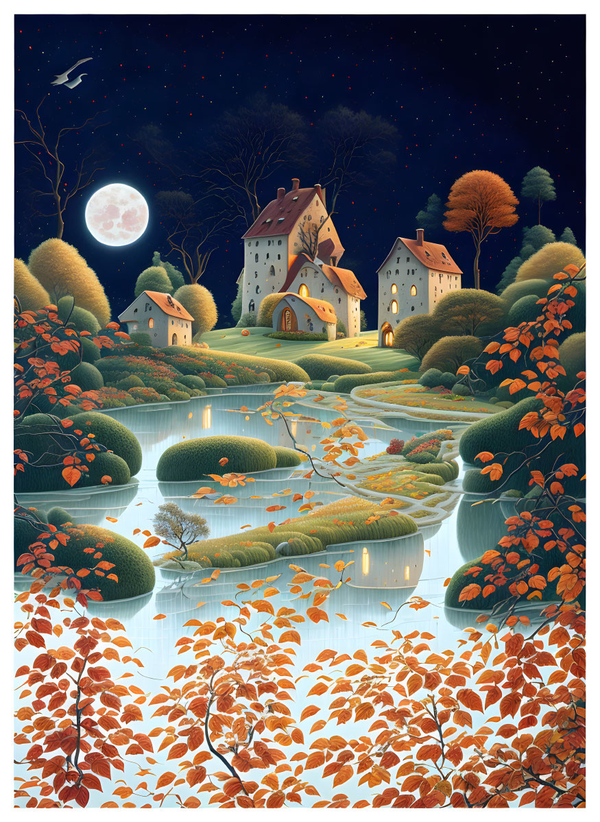 Illustration of quaint village at night with autumn trees and full moon