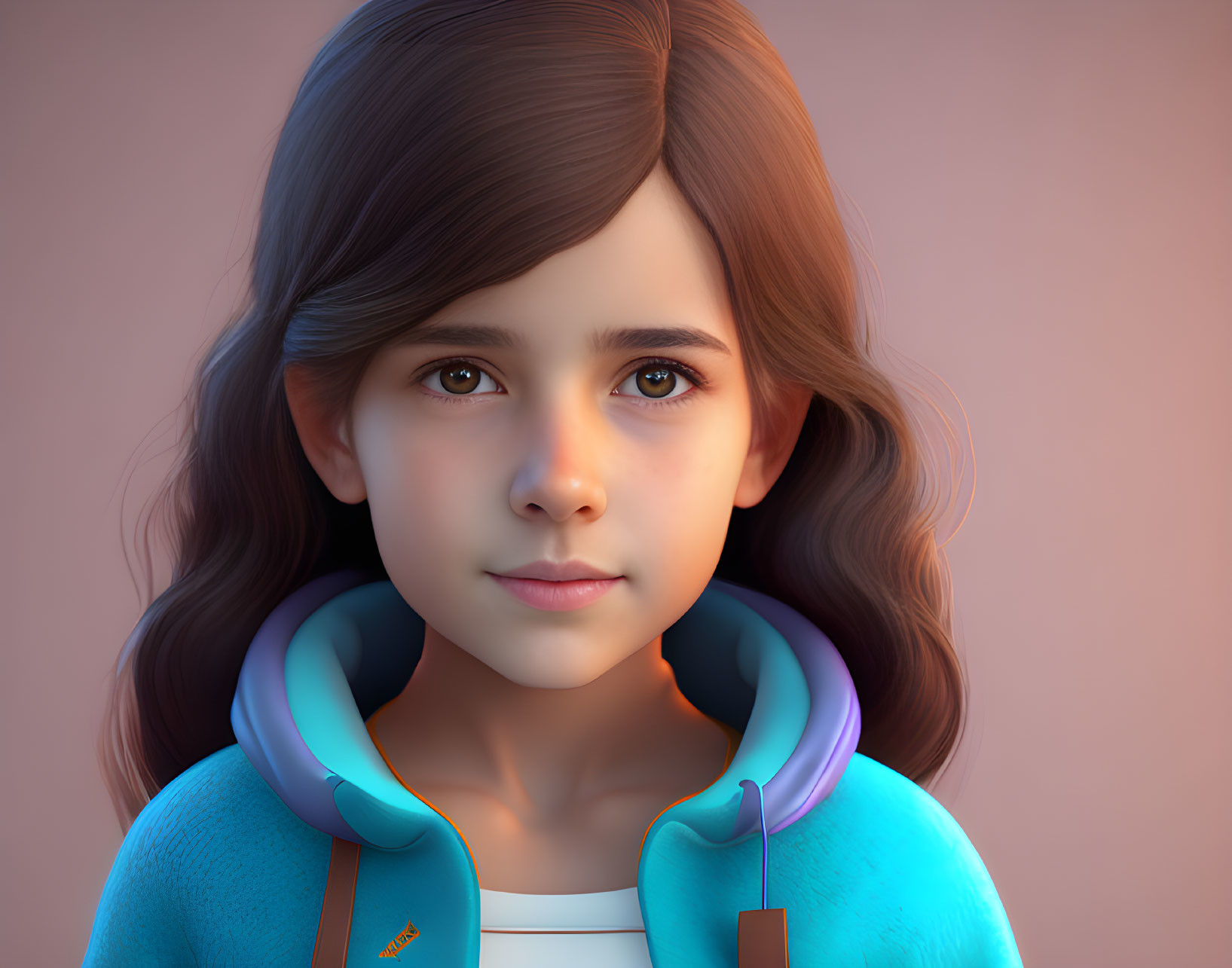 Digital artwork: Young girl with brown hair, large eyes, blue hoodie, realistic textures, soft lighting