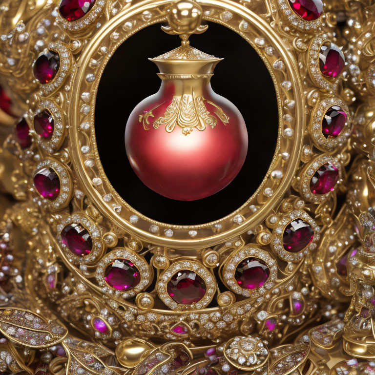 Golden Frame with Rubies Surrounding Red Ornament: Luxurious Design & Intricate Details