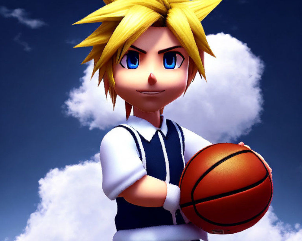 Spiky blonde-haired animated character with basketball against blue sky