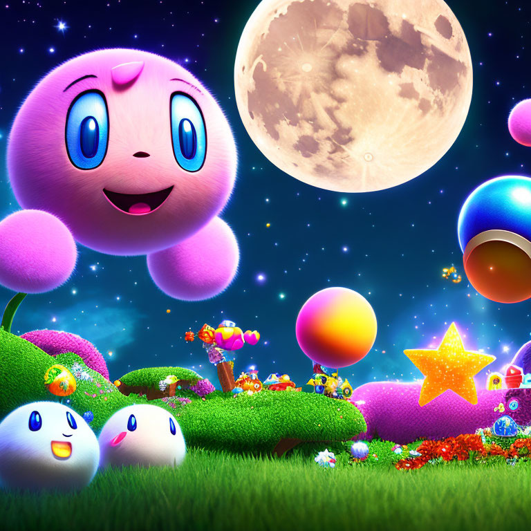 Colorful fantasy landscape at night with large moon, pink character, companions, vibrant flora, and star