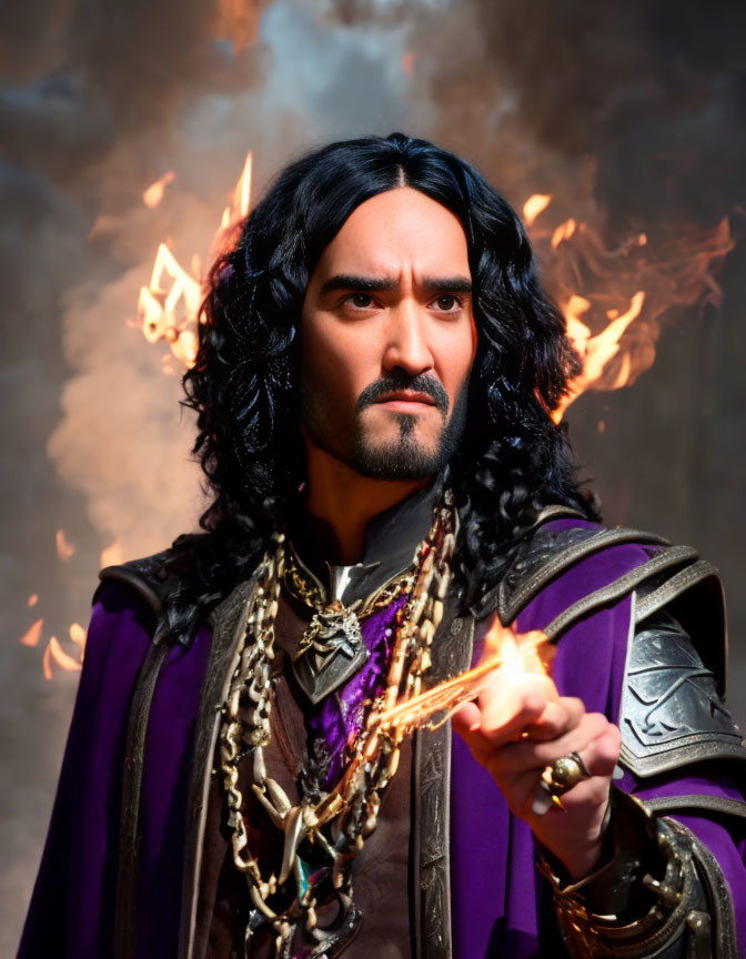 Bearded man in medieval attire with dark hair and purple cloak gazes intensely against fiery backdrop