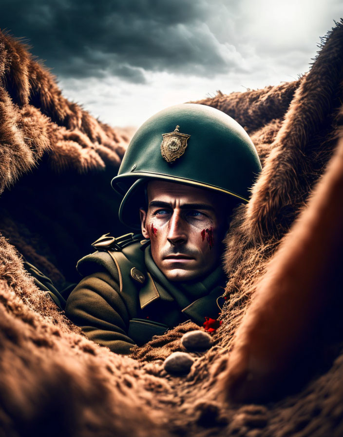 Soldier in green uniform in trench under dramatic lighting