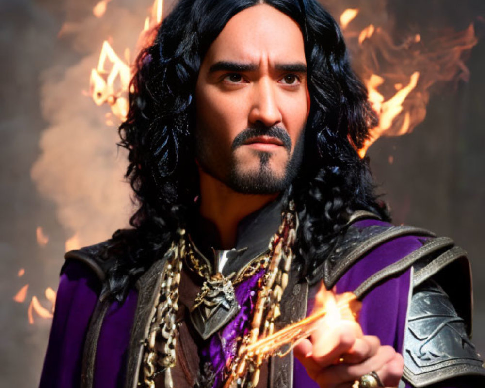 Bearded man in medieval attire with dark hair and purple cloak gazes intensely against fiery backdrop