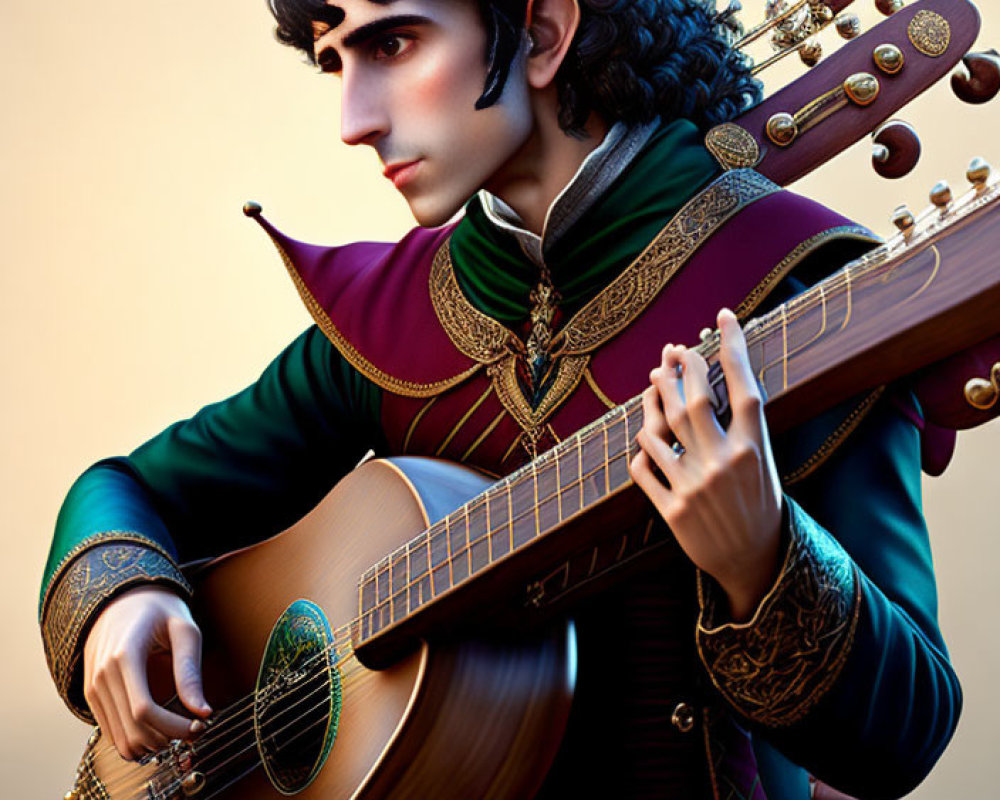 Digital portrait of animated male character in green and gold medieval attire with lute