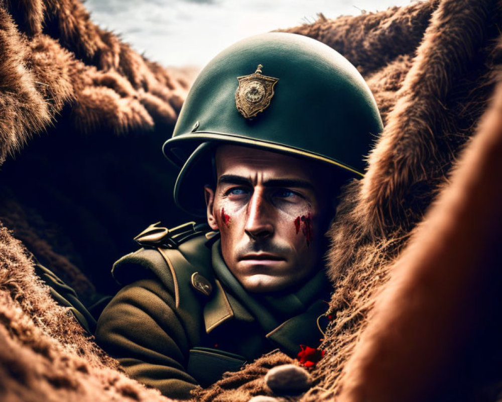 Soldier in green uniform in trench under dramatic lighting
