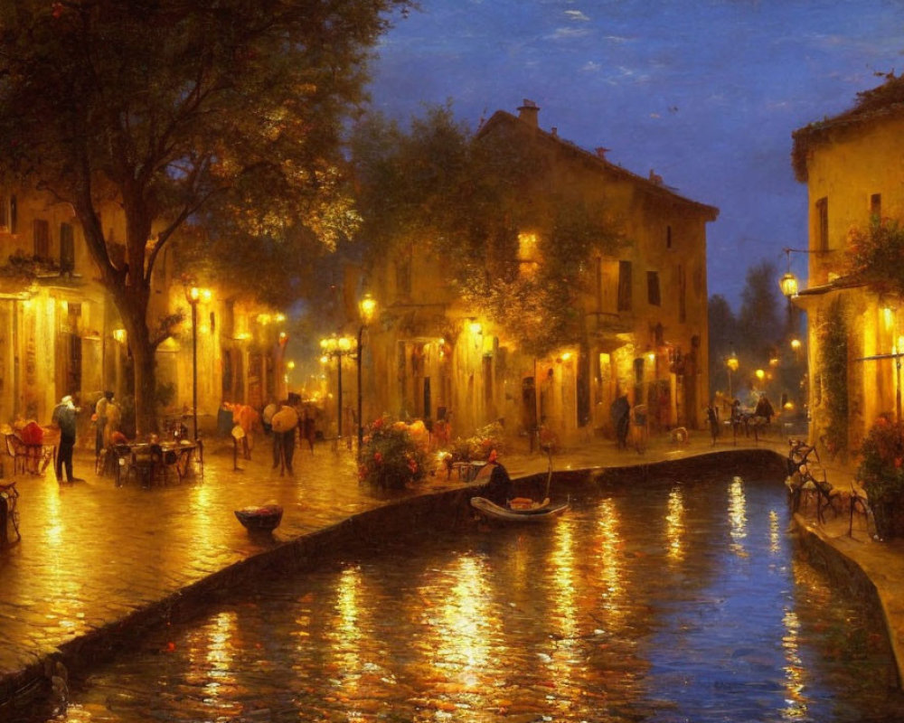 Old-world canal street scene with soft evening lighting and people engaging in leisure activities