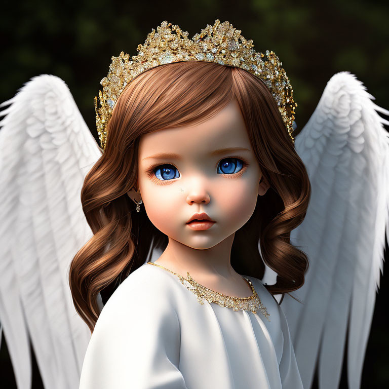Digital Artwork: Doll-like Figure with Angel Wings and Golden Crown