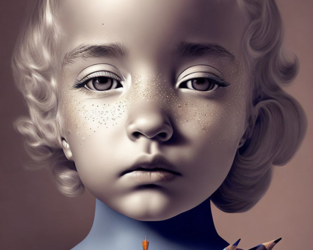Digital artwork: Child with porcelain complexion, large eyes, freckles, and curly hair wearing pencil