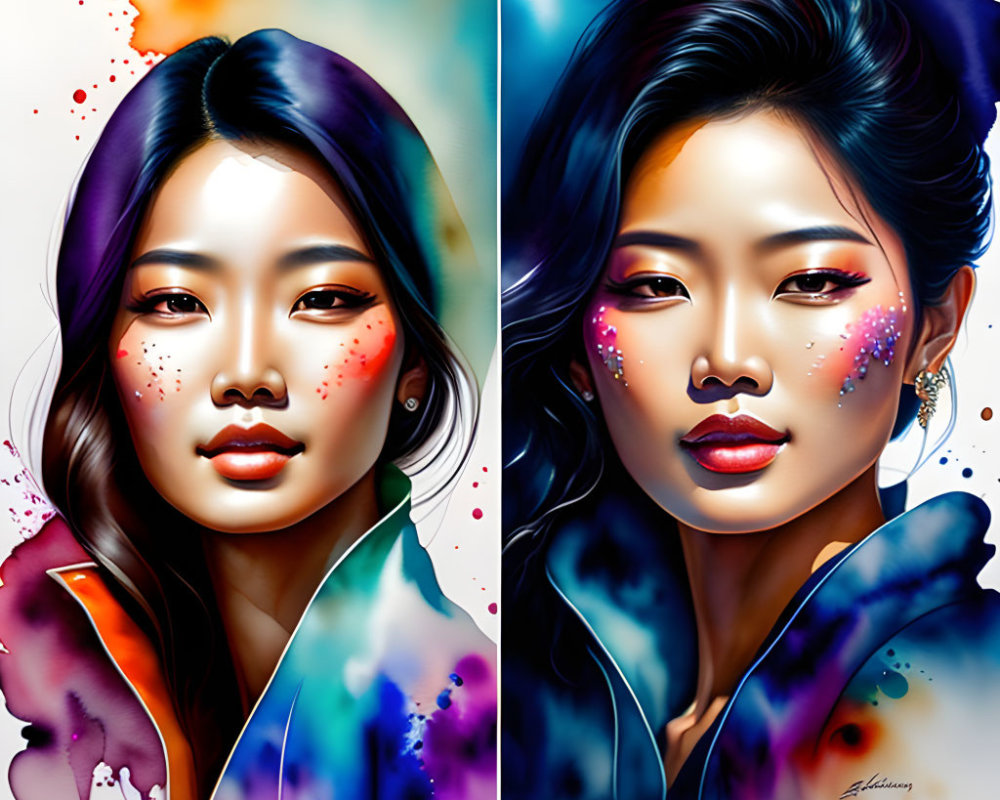 Colorful digital artwork featuring two women with striking makeup and splattered ink effects