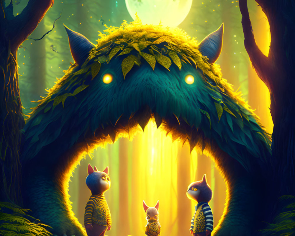 Fantasy creatures resembling cats in forest with glowing-eyed beast and full moon