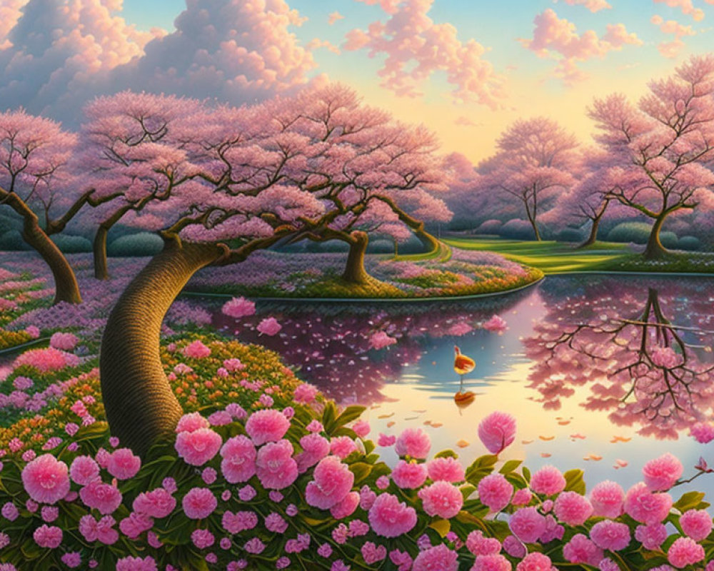 Tranquil landscape with winding river, cherry blossom trees, flowers, and duck