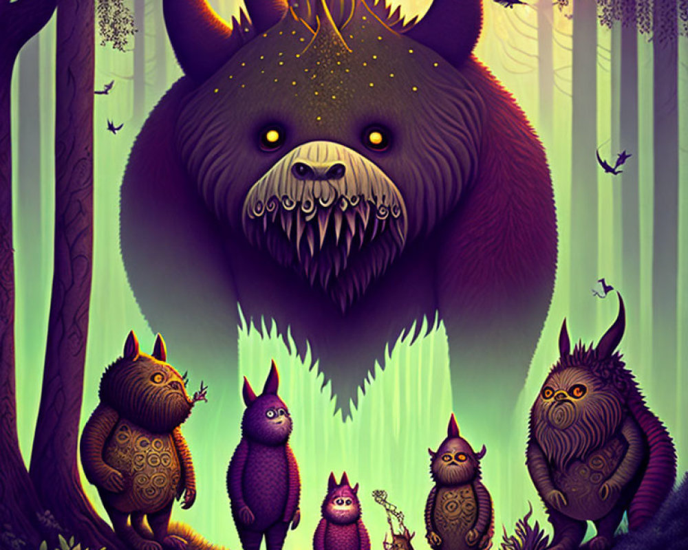 Stylized mystical creatures in forest with star bear