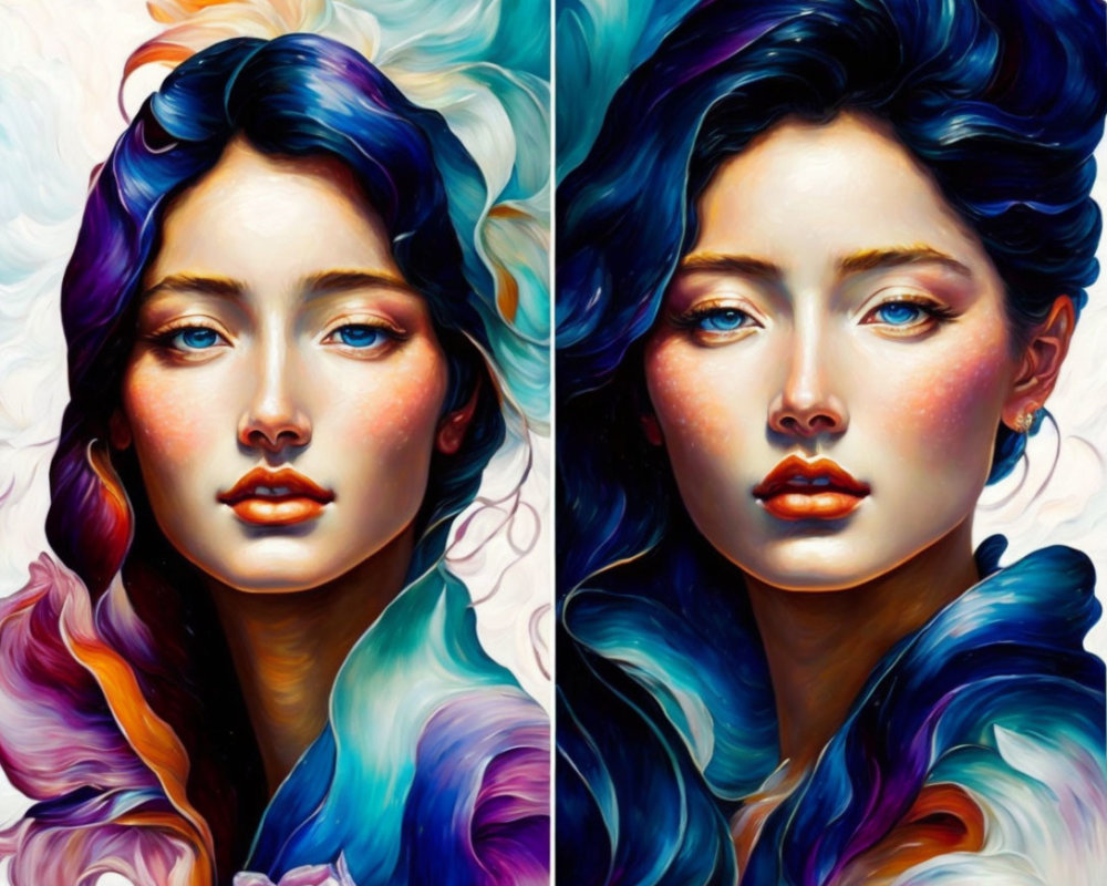 Stylized portraits of a woman with multicolored hair on white background