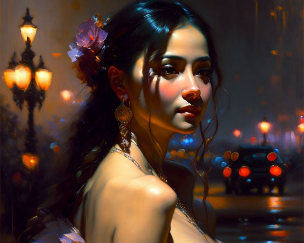 Woman in elegant gown with flower in hair gazes over shoulder under city lights.