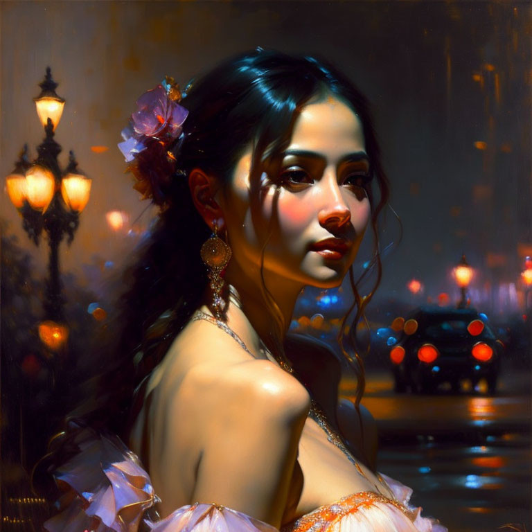 Woman in elegant gown with flower in hair gazes over shoulder under city lights.
