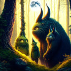 Mystical creatures with glowing eyes under full moon in forest