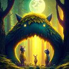 Fantasy creatures resembling cats in forest with glowing-eyed beast and full moon