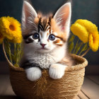 Tabby kitten with blue eyes in woven basket with yellow flowers