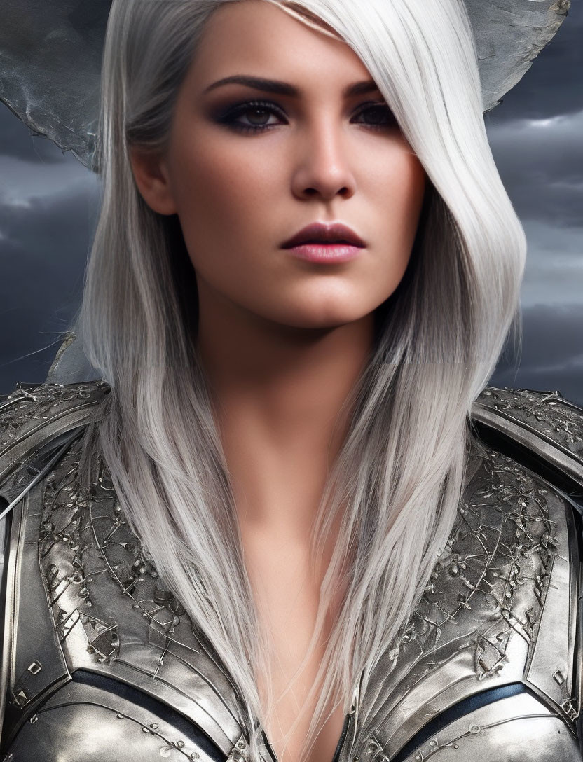Silver-White Haired Woman in Striking Makeup and Metallic Armor under Gray Sky