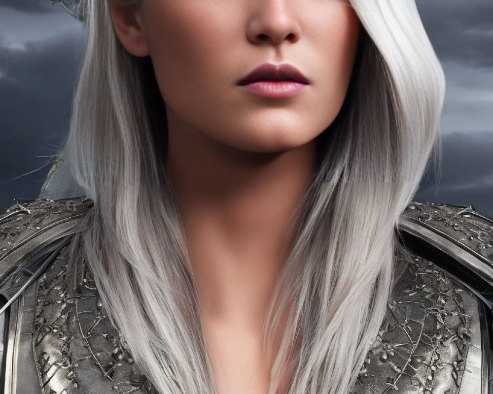 Silver-White Haired Woman in Striking Makeup and Metallic Armor under Gray Sky