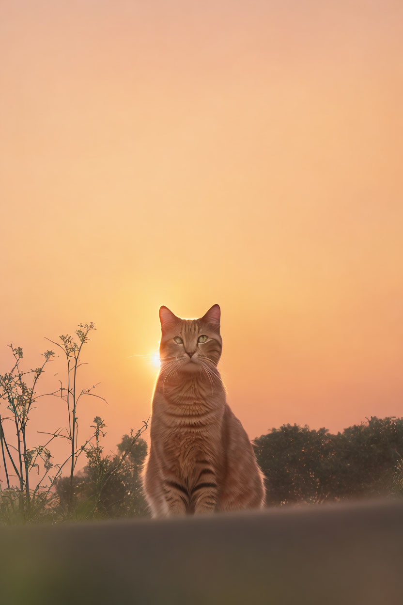 Orange Cat Silhouetted Against Sunset Sky