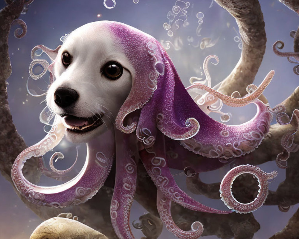 Happy dog-headed purple octopus in underwater scene