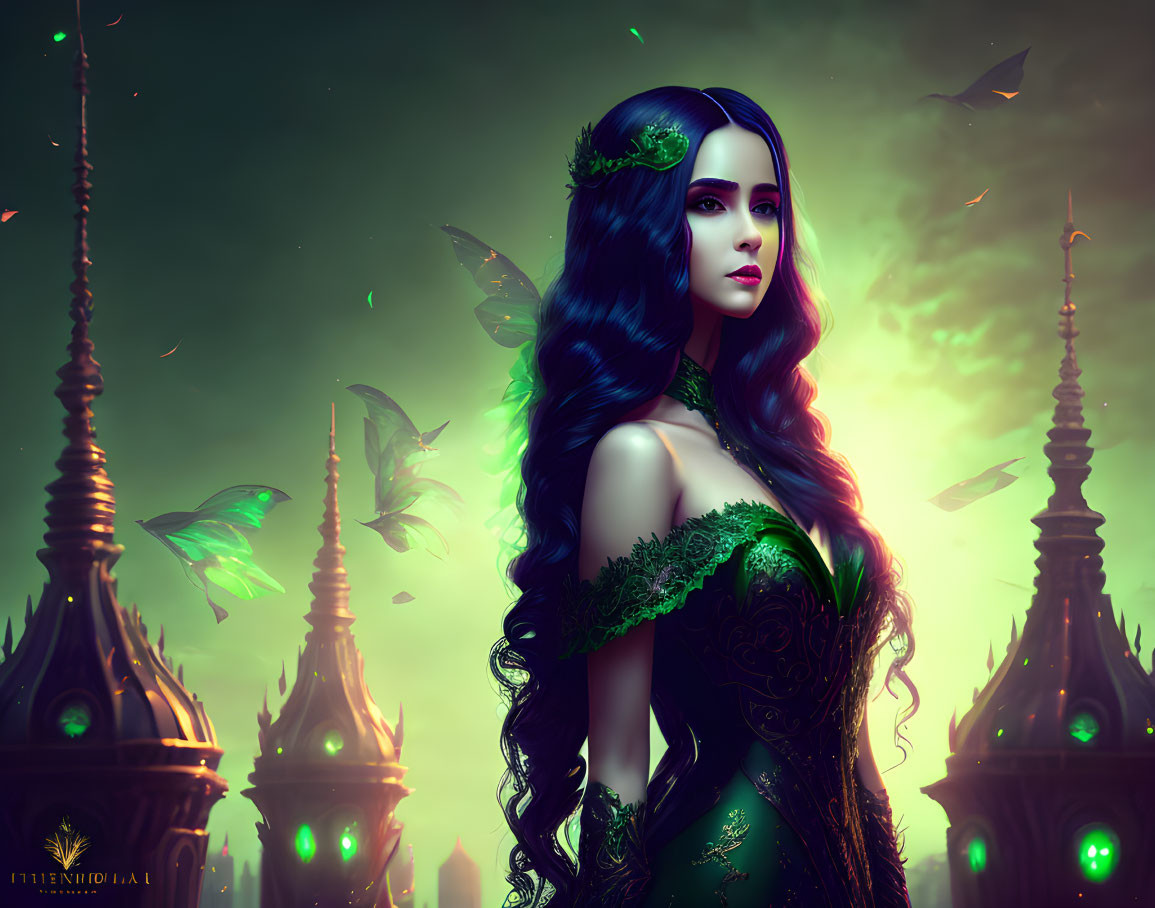 Digital artwork featuring woman in green gown with mystical glow and butterflies in exotic setting