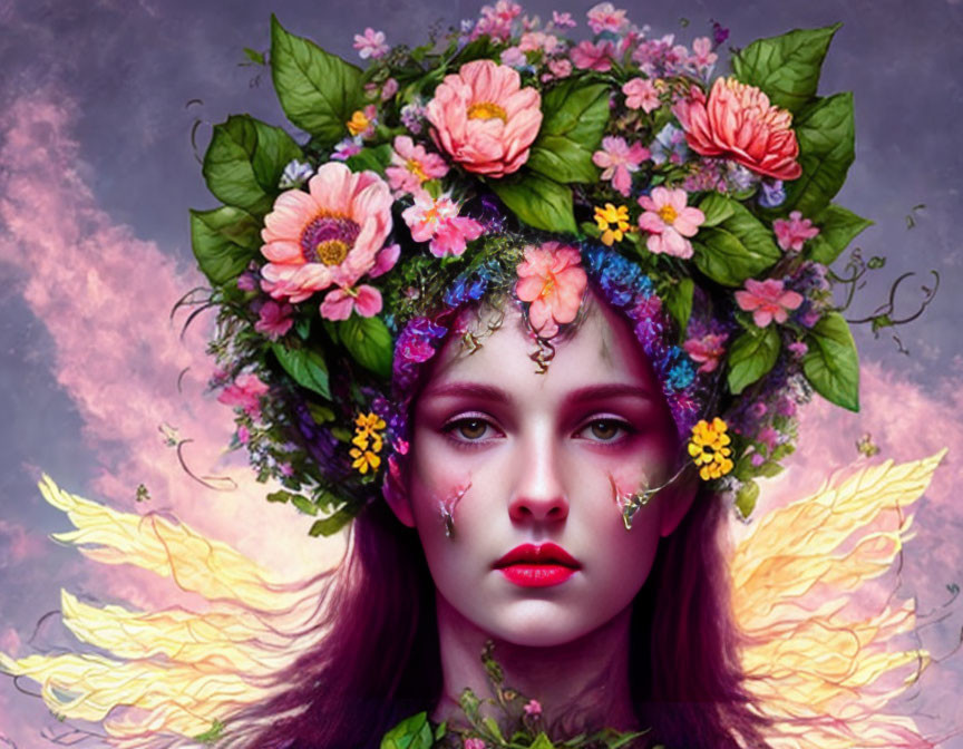 Digital artwork featuring woman with floral crown, vibrant wings, and crystal tears under purple sky