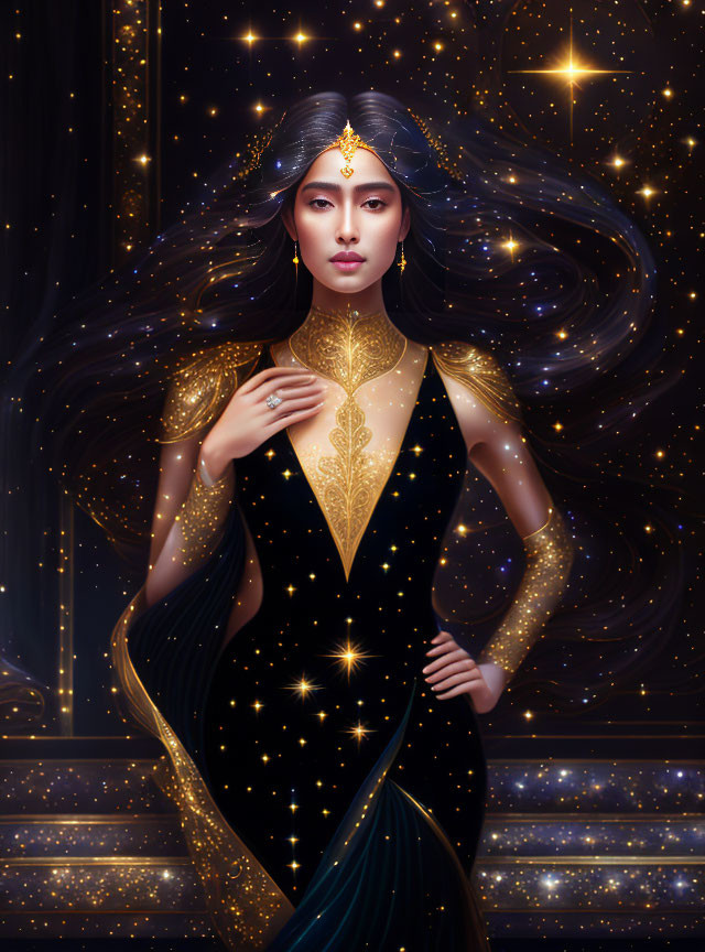 Illustrated woman with flowing hair in celestial attire and starry backdrop.