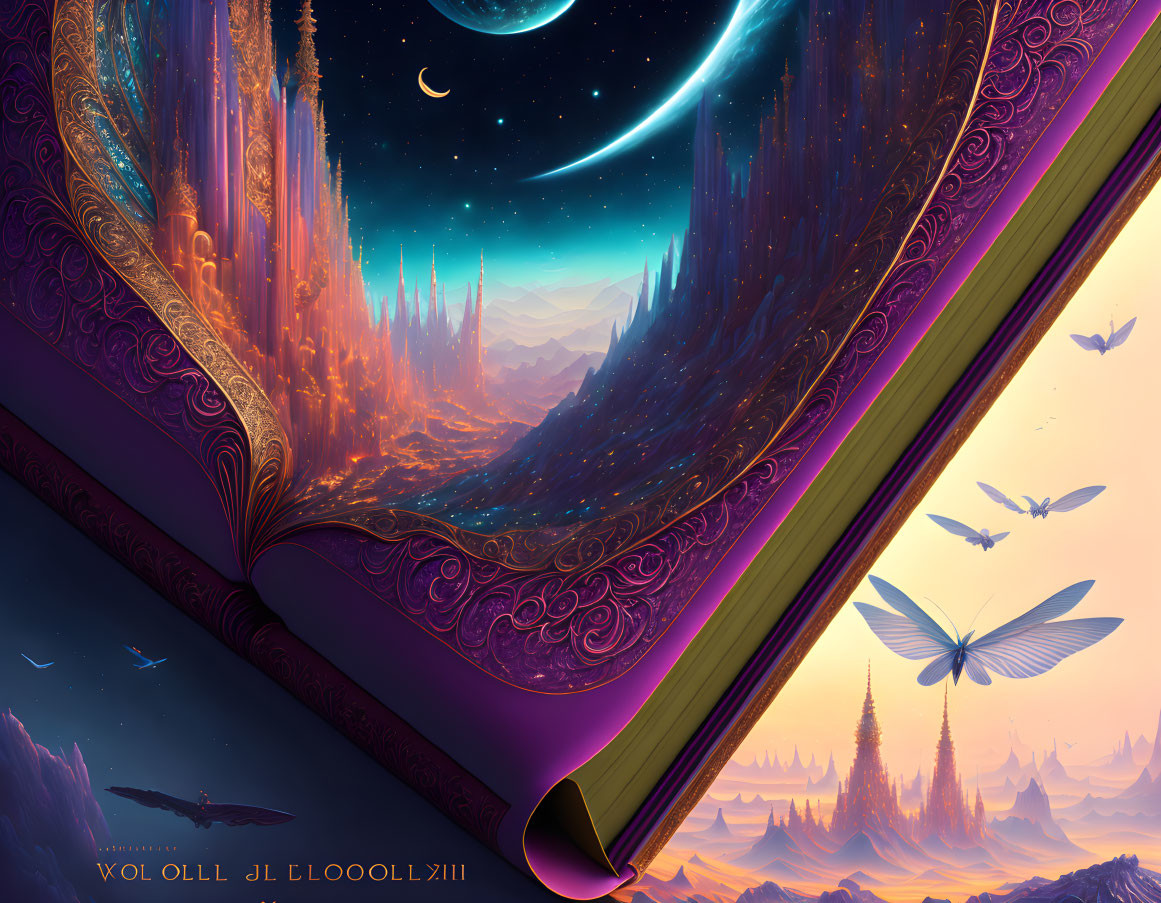 Fantasy landscape flowing from open book: night sky, planets, glowing city, flying creatures