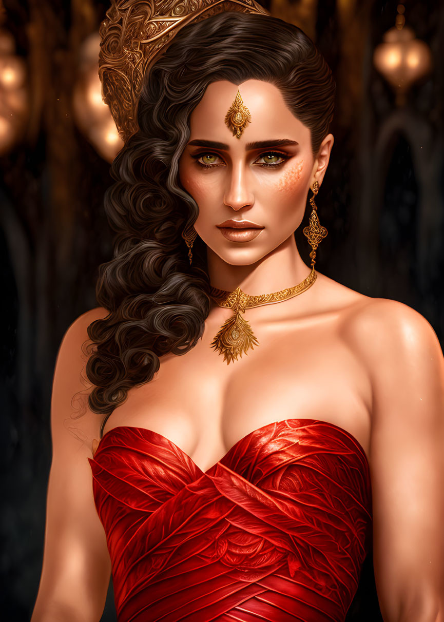 Digital artwork featuring woman with dark hair, green eyes, red attire, and golden jewelry